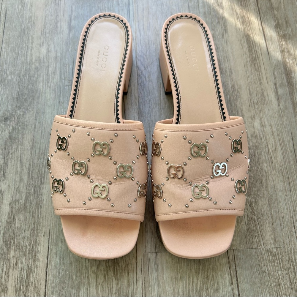 Gucci Malaga Interlocking GG Studs Platform Sandals Size EU38+ Powder Pink